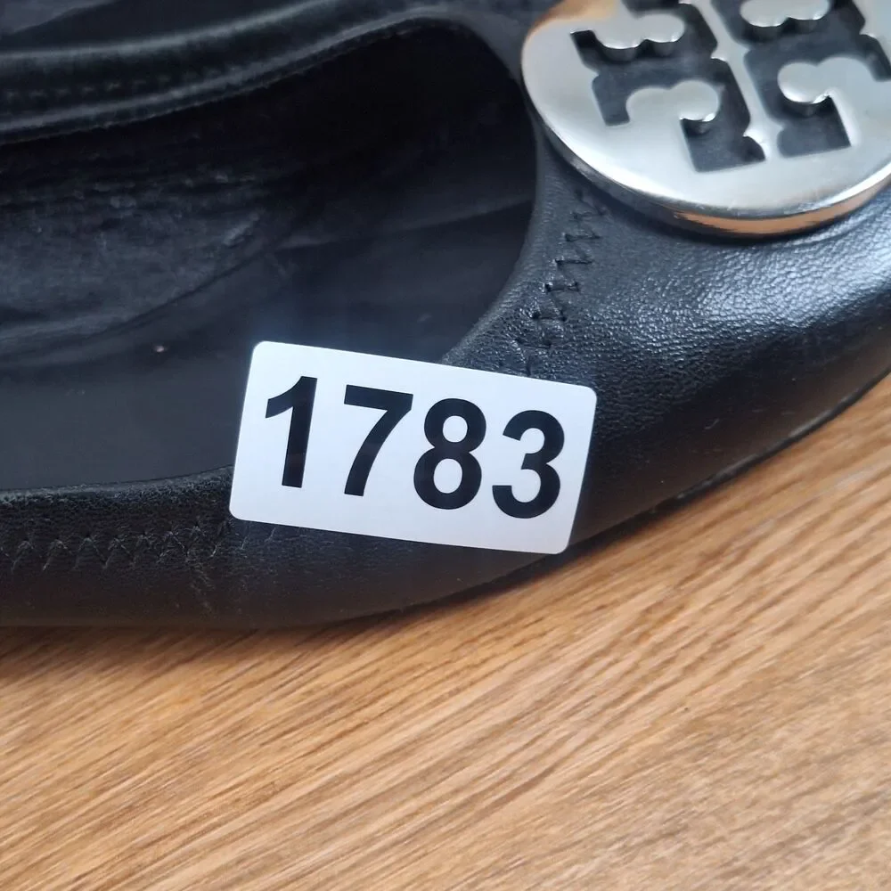 Tory Burch Minnie Travel Womens 7 Ballet Flats Black Leather Gold Logo Medallion